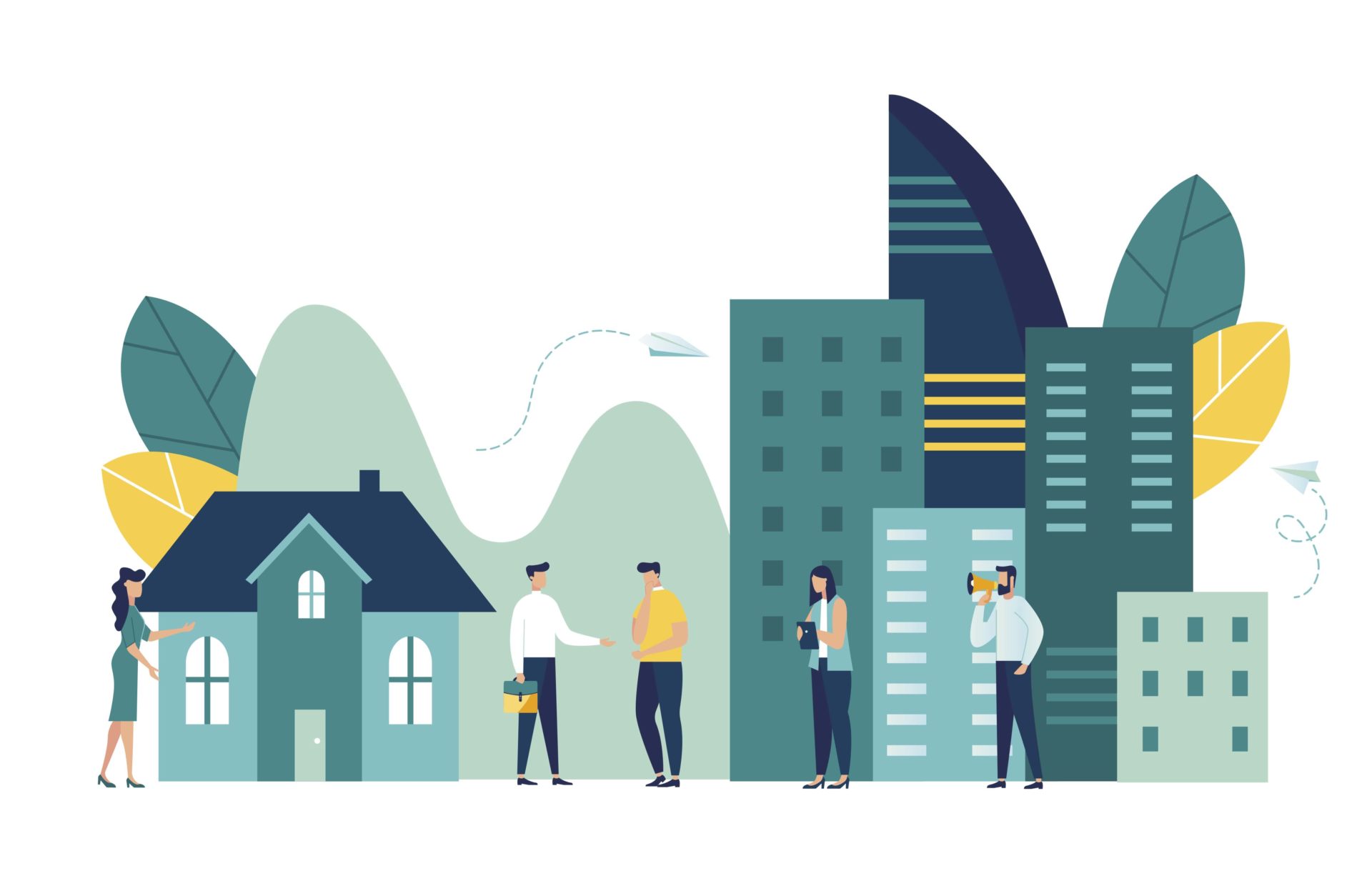 shutterstock_1801282231-min An illustration of a group of people in front of a home and several tall office buildings